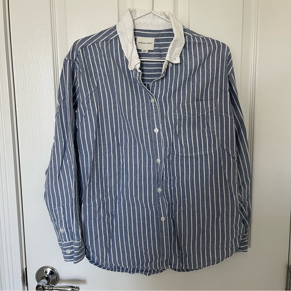 American Eagle Striped Oversized Oxford Button-Up Shirt, Size Small
